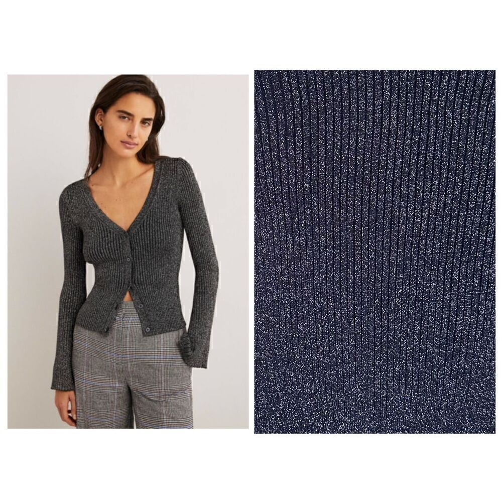 Boden Women’s Navy Ribbed Metallic Bell Sleeve Cardigan Sweater